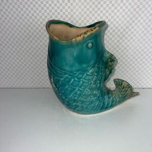 Vintage Pottery Fish Koi Goldfish Planter Pot Vase Teal Rustic Glazed 7.5”‎ Tall